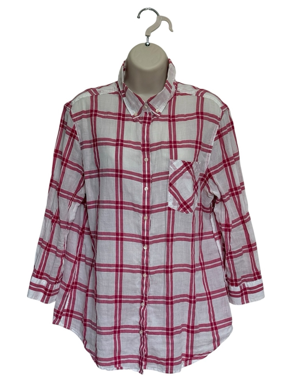 Banana Republic Cotton Flax Lightweight Summer Pink White Plaid L/S Shirt Sz L
